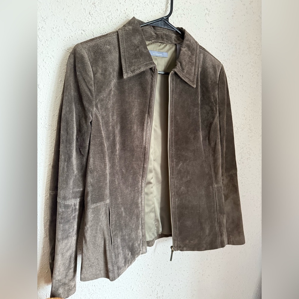 Liz Claiborne Olive-Brown Suede Zip-Front Jacket